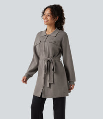 Long Sleeve Belted Longline Casual Jacket with Pockets