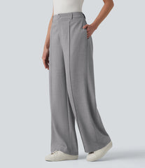 High Waisted Straight Leg Work Linen-Feel Pants with Pockets