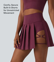 Breezeful™ High Waisted Pleated 2-in-1 Asymmetric Hem Quick Dry Mini Dance Skirt with Pockets-Longer Length