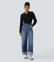 Halara Flex™ High Waisted Pockets Adjustable Hem Wide Leg Washed Casual Jeans