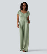 V Neck Puff Short Sleeve Non-Removable Pad Corset Jumpsuit with Pockets