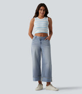 Halara Flex™ Asymmetric Mid Rise Rolled Hem Wide Leg Casual Jeans with Pockets