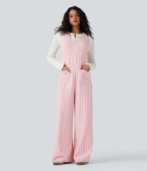 U-Neck Sleeveless Stripe Waffle Casual Jumpsuit with Pockets