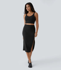 Ribbed High Waisted Bodycon Midi Casual Skirt