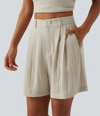 High Waisted Casual Linen-Feel Shorts with Pockets