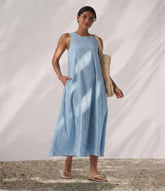Round Neck Sleeveless Midi Crinkle Gingham Casual Tank Dress with Pockets