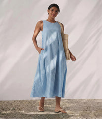 Round Neck Sleeveless Midi Crinkle Gingham Casual Tank Dress with Pockets