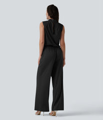 Stand Collar Sleeveless Straight Leg Bridesmaid And Wedding Guest Jumpsuit with Pockets-Easy Peezy
