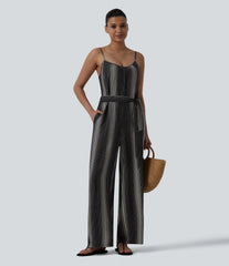 Tie Side Stripe Casual Slip Jumpsuit with Pockets