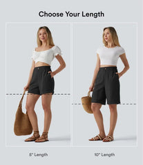 High Waisted Rolled Hem Linen-Feel Resort Bermuda Shorts 10'' with Pockets