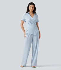 Short Sleeve Wrapped Tie Back Stripe Crinkle Cotton Casual Shirt Jumpsuit with Pockets-Easy Peezy Edition