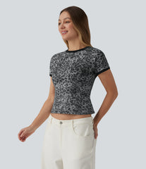Round Neck Short Sleeve Leopard Print Casual Ringer T-Shirt