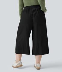 High Waisted Drawstring Wide Leg Cropped Casual Linen-Feel Plus Size Pants with Pockets