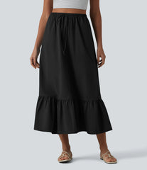 High Waisted Drawstring Ruffle Hem A-line Midi Stretchy Poplin Casual Skirt with Pockets