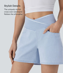 Halara Flex™ Crossover High Waisted Pockets Wide Leg A Line Washed Denim Casual Shorts