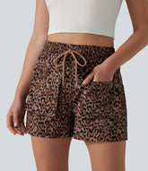 High Waisted Drawstring Leopard Print Workout Cargo Baggy Shorts with Pockets