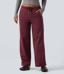 Low Rise Drawstring Workout Fleece Straight-leg Pants with Pockets