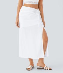 Mid Rise Drawstring Ruched 2-in-1 Midi Linen-Feel Skirt