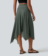 High Waisted Hanky Hem Stripe Flowy Midi Casual Skirt