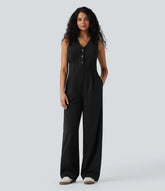 V-neck Sleeveless Casual Vest Jumpsuit with Pockets-Easy Peezy