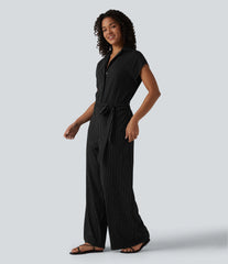 Short Sleeve Belted Stripe InstantCool Work Shirt Jumpsuit with Pockets-Easy Peezy Edition