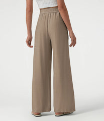 High Waisted Drawstring Wide Leg Casual Linen-Blend Pants with Pockets