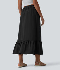 High Waisted Drawstring Ruffle Hem A-line Midi Stretchy Poplin Casual Skirt with Pockets