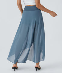 High Waisted High Low Ruffle 2-in-1 Pocket Flare Mesh Casual Regular Maxi Skirt