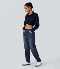 Halara Flex™ Mid Low Rise Zipper Pockets Washed Casual Mom Jeans