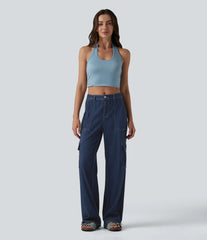 Halara Flex™ Mid Rise Draped Lyocell Washed Casual Straight Leg Cargo Jeans with Pockets