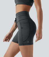 High Waisted Drawstring Striped Yoga Biker Shorts 5'' with Pockets
