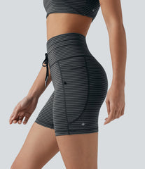 High Waisted Drawstring Striped Yoga Biker Shorts 5'' with Pockets