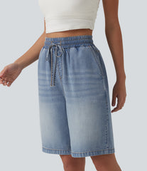 High Waisted Drawstring Denim Casual Bermuda Shorts 9'' with Pockets