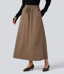 High Waisted Drawstring A Line Suede Midi Casual Skirt with Pockets
