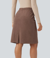High Waisted A-line Split Corduroy Casual Skirt with Pockets