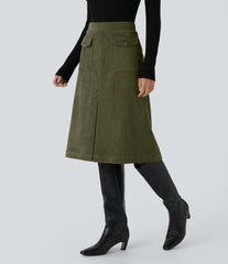 Mid Rise Front Side Flap Pocket Midi Corduroy Casual Skirt