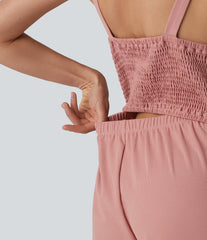 U-Neck Sleeveless Shirred Decorative Buttons Waffle Casual Wide Leg Jumpsuit with Pockets-Easy Peezy