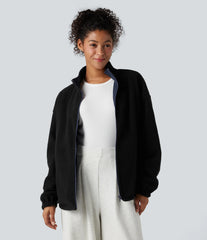 Reversible High Neck Long Sleeve Zipper Fleece Hiking Jacket with Pockets (Two Looks in One)