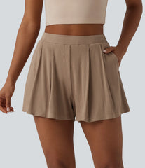 Ribbed Knit High Waisted 2-in-1 Casual Shorts with Pockets