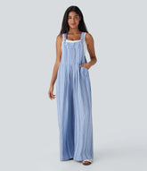 Stripe Wide Leg Flowy Casual Linen-Feel Overalls with Pockets