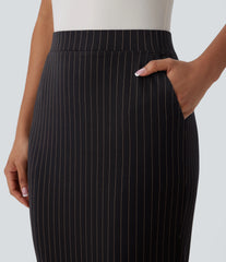 High Waisted Pocket Hem InstantCool Stripe Bodycon Work Skirt