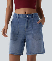 Halara Flex™ Mid Rise Washed Denim Casual Baggy Bermuda Shorts with Pockets