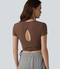 Halara Cotton Jersey Round Neck Drawstring Ruched Keyhole Back Casual T-Shirt