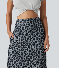 High Waisted Tummy Control Leopard Print Waffle Maxi Casual Skirt with Pocket