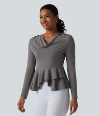 Cowl Neck Long Sleeve Ruffle Hem Work T-Shirt