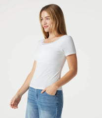 Ribbed Knit Scoop Neck U Back Short Sleeve Contrast Lace Built-in Bra Casual T-Shirt