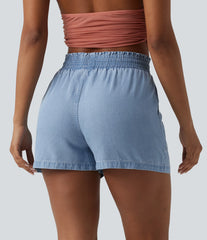 High Waisted Drawstring Frill Trim Draped Denim Casual Baggy Shorts with Pockets