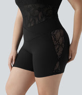 Plus Size SoftlyZero™ High Waisted Crossover Contrast Lace Yoga Biker Shorts 5'' with Pocket-UPF50+