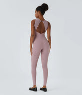 Round Neck Sleeveless Contrast Mesh Dance Jumpsuit