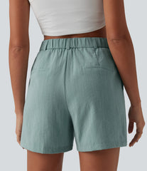 High Waisted Pleated Casual Linen-Feel Shorts 5'' with Pockets
